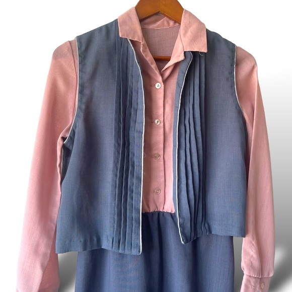 Vintage Pink & Blue Long Dress with Vest Set Women's M Retro Spring - Picture 2 of 5